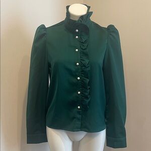 SHEIN Emerald Green Ruffled High-Neck Blouse with Pearl Buttons